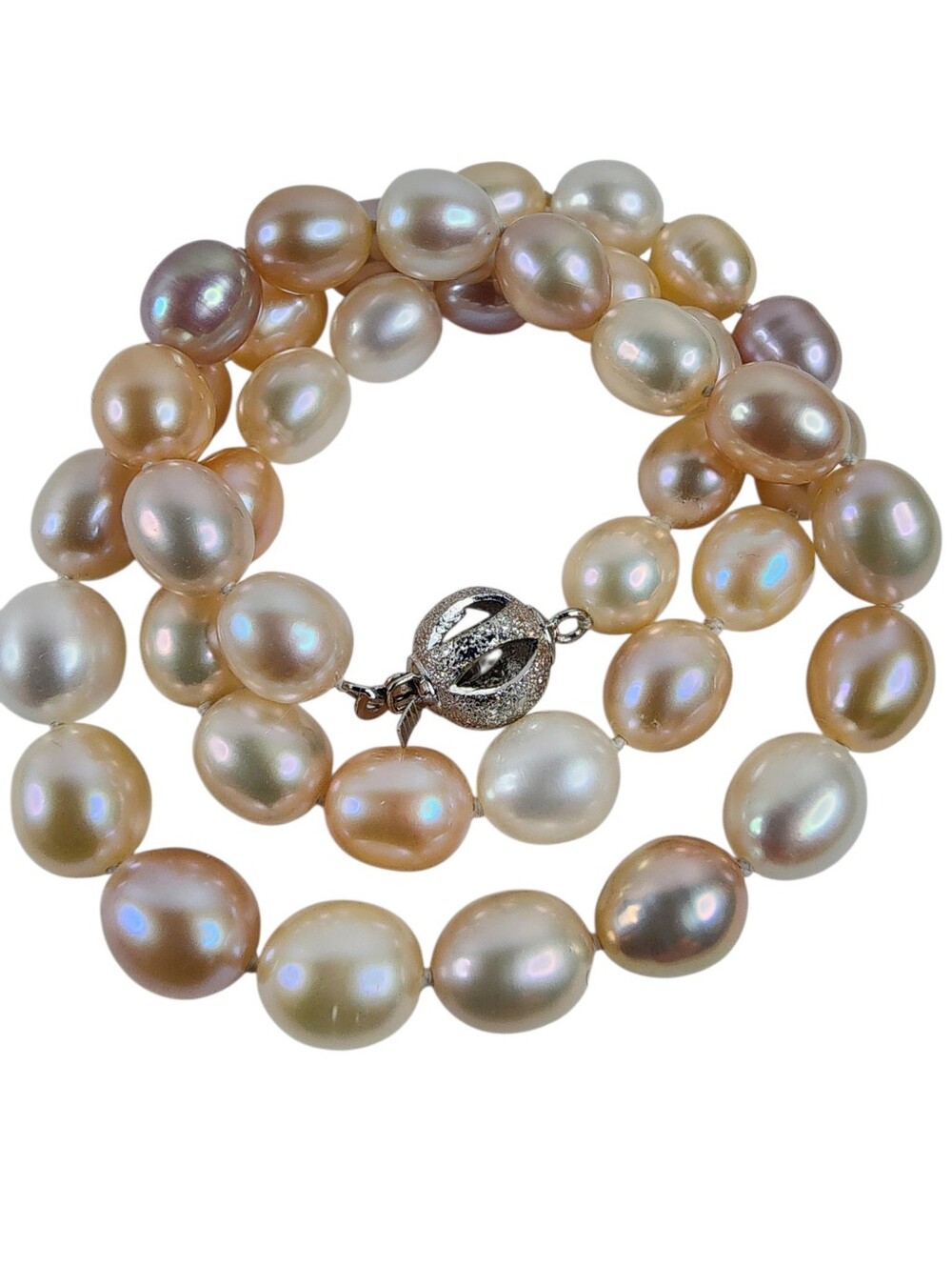 Vintage Pearl Necklace 18K GP White Gold Clasp Hand Knotted Blush Peach Lavender